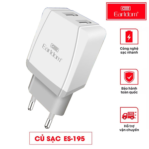 Củ sạc Earldom ES-195, 2 cổng USB, sạc nhanh 2.4A, dùng cho Iphone, Samsung, Oppo, Xiaomi – hàng chính hãng