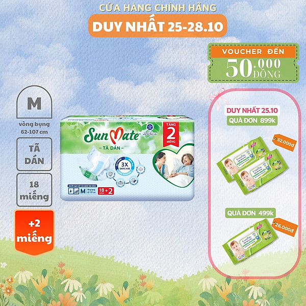 Tã dán người lớn SunMate mới size M18/L18/XL18 + 2 miếng