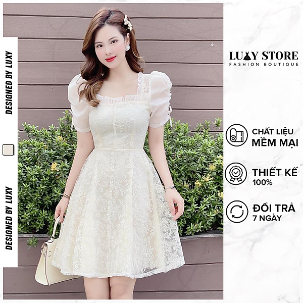 Váy ren dáng chữ A, tay phối tơ rút Luxy v10501