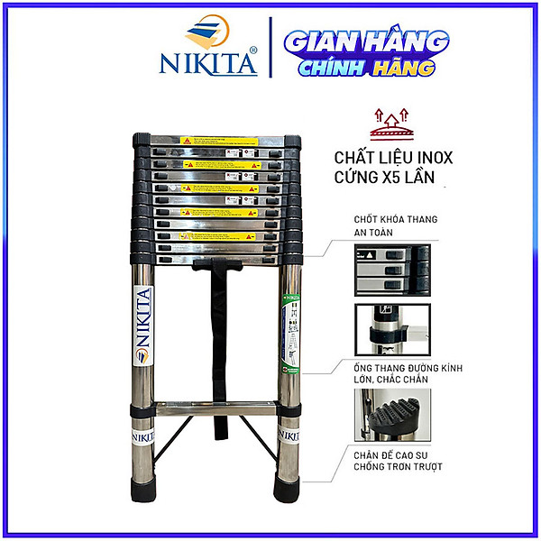 Thang nhôm INOX rút đơn xếp gọn 2,6m - 5.9m gấp gọn Nhập Khẩu NIKITA - chịu lực tới 150kg
