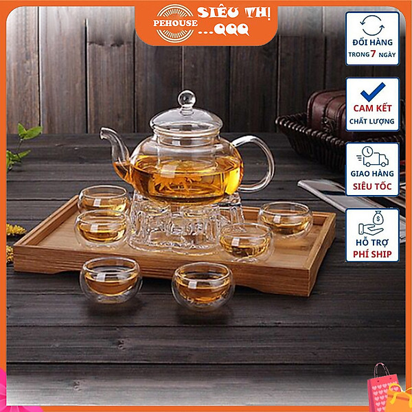 Combo bộ ấm chén pha trà thủy tinh chịu nhiệt kèm khay trà gồm ấm có lõi lọc thủy tinh 6 chén trà 2 lớp và 1 đế nến châm trà và 1 khay đựng bằng gỗ tre - Hàng chính hãng