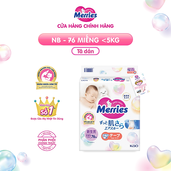Tã/bỉm dán Merries size NB - 76 miếng (dành cho bé dưới 5kg)