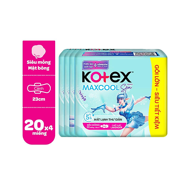 Combo 4 gói băng vệ sinh Kotex Maxcool French Spa Siêu mỏng cánh 23cm(20M/gói)