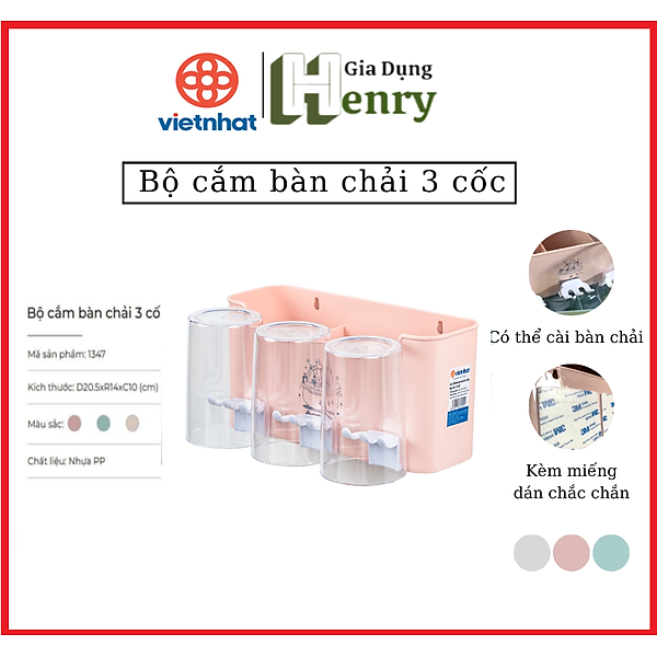 Bộ cắm bàn chải 3 cốc nhựa Việt Nhật - khay kệ để bàn chải, cốc và kem đánh răng kèm miếng dán siêu chắc ( tặng kèm sticker) - HÀNG VIỆT NAM