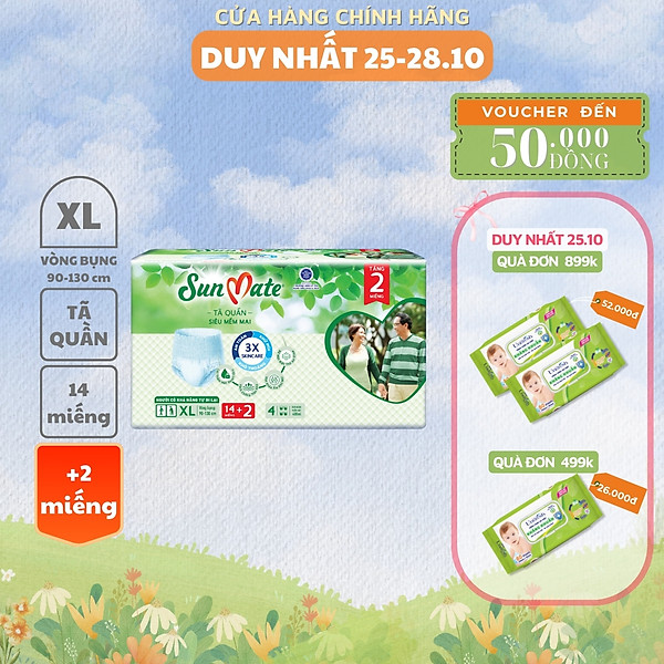 Tã quần người lớn SunMate siêu mềm mại mới size M18/L16/XL14 + 2 miếng