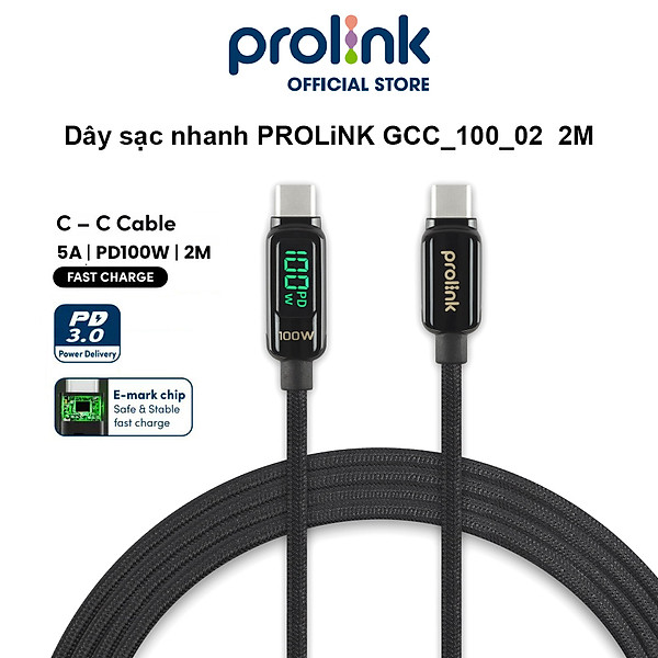 Dây sạc type C To C PROLiNK GCC_100_02 dài 2M, sạc siêu nhanh 100W, màn hình Led, dành cho Tablet, Macbook, Laptop - Hàng chính hãng
