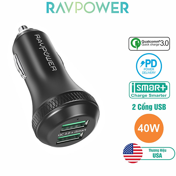 Củ Sạc Điện Thoại Trên Ô Tô Xe Hơi RAVPower 2 Cổng 40W, Quick Charge 3.0 – RP-VC007 – Hàng Chính Hãng