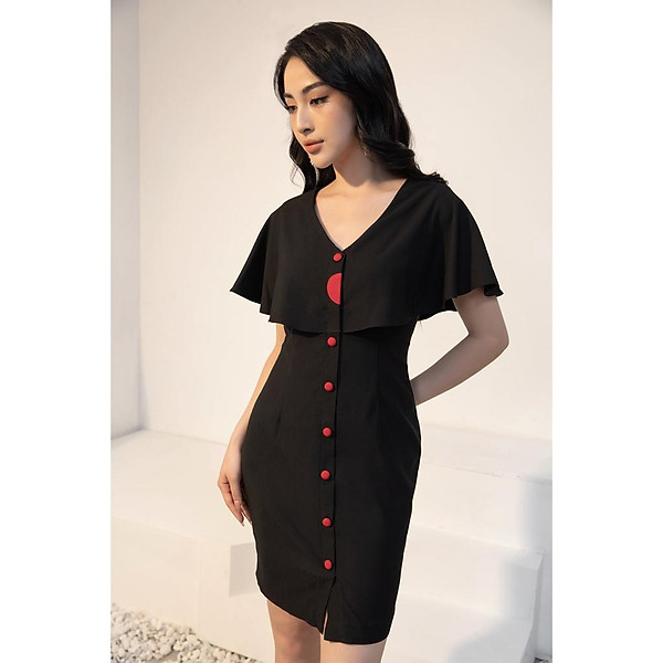 Đầm bodycon phủ vai, dài trên gối, may hai lớp, cúc phối màu tương phản, chất liệu tuytsi lụa đẹp Clara  Mare DRE4022