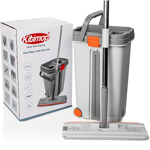 Bộ Cây Lau Nhà KITIMOP PRO MAX - Thùng Lau Nhà Tự Vắt Thông Minh, Chổi Lau Nhà Xoay 360 Độ, Lau Sàn Làm Sạch