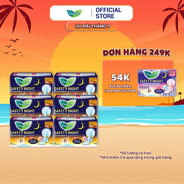Combo 6 gói Băng vệ sinh Laurier Safety Night Đêm Siêu An Toàn 40 cm 4 miếng