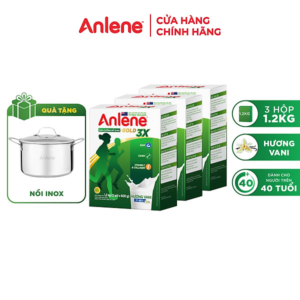 Combo 03 Sữa Bột Anlene Gold 3X Hương Vanilla (Hộp giấy 1200g) - Tặng nồi inox