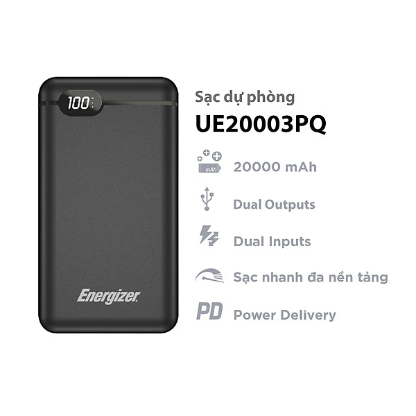 Sạc dự phòng Energizer 20,000mAh/3.7V Li-Polymer – UE20003PQ tích hợp power Delivery – Hàng chính hãng