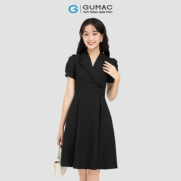 Đầm cổ vest phối bèo Gumac DC08029 form A xếp ly màu xanh đen