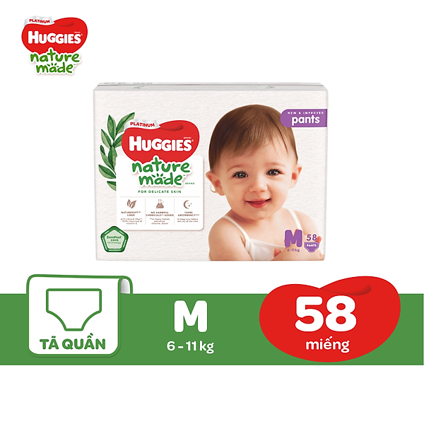 Tã Quần Siêu Cao Cấp Huggies Platinum Nature Made M58 (58 Miếng)