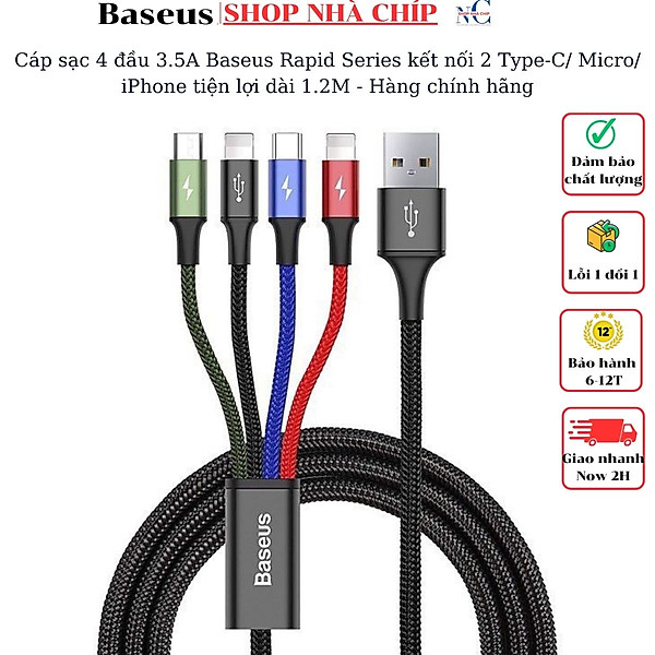 Cáp sạc 3.5A Baseus Rapid Series kết nối 2 Type-C/ Micro/ iPhone tiện lợi dài 1.2M - Hàng chính hãng