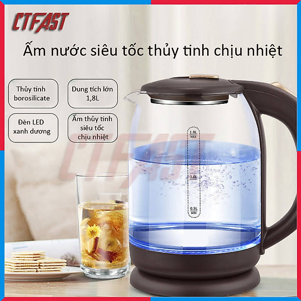 Ấm đun nước siêu tốc thủy tinh CTFAST - 01 ( 1.8 Lít ) : Đèn led hiển thị, chịu nhiệt cao, không mùi, không chất độc hại, an toàn khi sử dụng - Hàng chính hãng