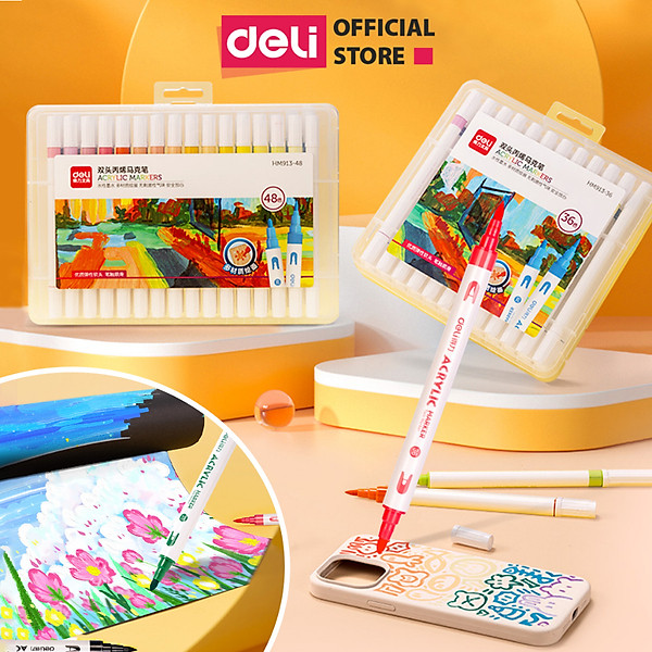 Bút Sơn Acrylic Marker 2 Đầu Cao Cấp Deli - Kèm Hộp Nhựa - 12/24/36/48 Màu Đậm, Đều - Tô Màu Đi Nét DIY Vẽ Giày Quần Áo