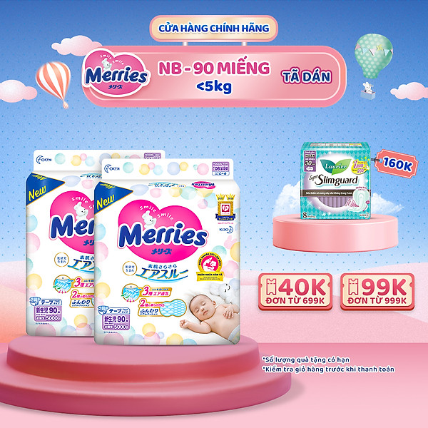 Combo 2 Tã/BỉM Dán Merries Size Nb – 90 Miếng (Cho Bé Dưới 5Kg)