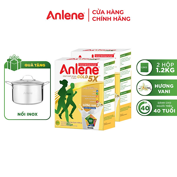 Combo 2 Sữa Bột Anlene Gold 5X Hương Vanilla (Hộp giấy 1200g) tặng nồi lẩu inox