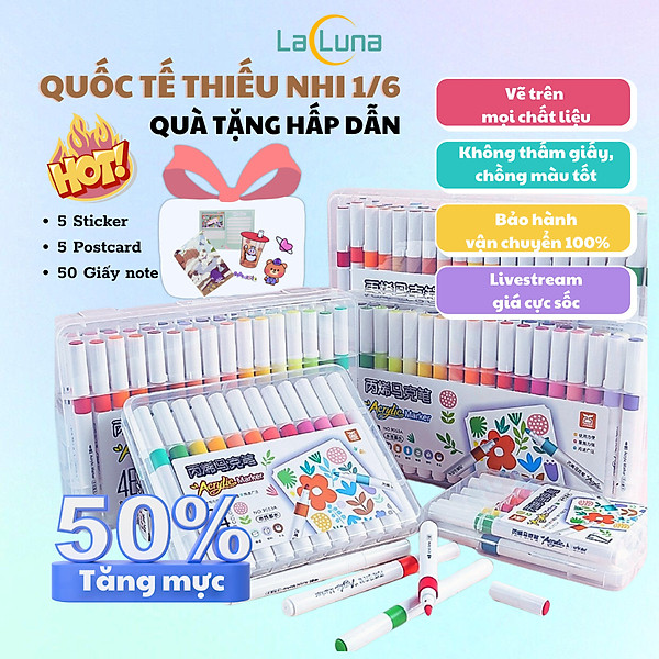 Bút Màu Acrylic Marker sơn đánh dấu Lalunavn nhiều mực hơn 50% bộ 12/24/36/48/60m hộp nhựa xách tiện dụng B196