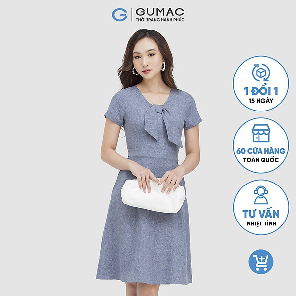 Đầm form chữ A phối nơ cổ DC05059 thời trang Gumac