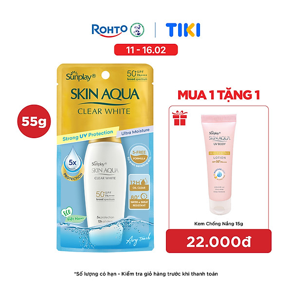 Kem chống nắng Skin Aqua dưỡng trắng, kiểm dầu, dùng hàng ngày dạng sữa Sunplay Skin Aqua Clear White Eco Việt Nam SPF50, PA++++ 55g