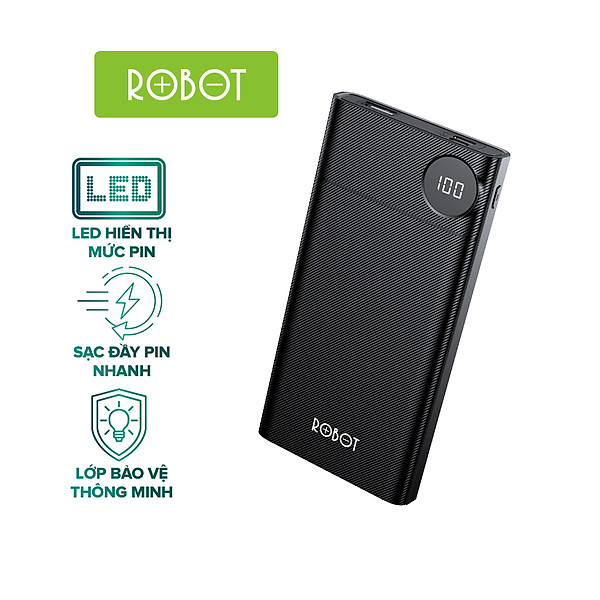 Sạc dự phòng ROBOT RT190 10000mAh thiết kế nhỏ gọn LED hiển thị Pin 2 cổng vào Micro/Type-C và 1 Cổng Ra USB – Hàng Chính Hãng
