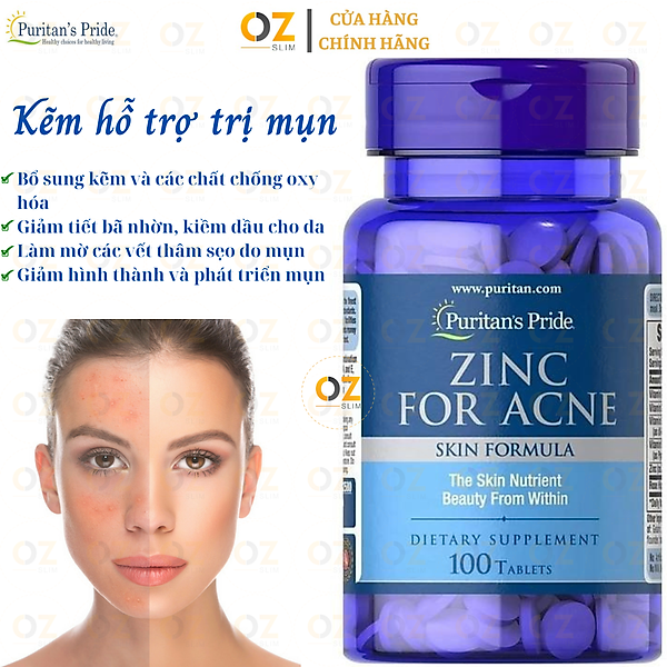 Kẽm hỗ trợ trị mụn, làm đẹp da mụn Puritan'S Pride Premium Zinc For Acne Mỹ gồm kẽm và Vitamin C, B-6, A và E - OZ Slim Store