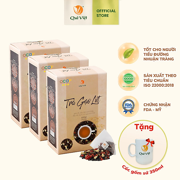 Combo 3 hộp trà gạo lứt + tặng cốc gốm sứ Bát Tràng cao cấp - Hộp 600g( 30gx 20 túi)