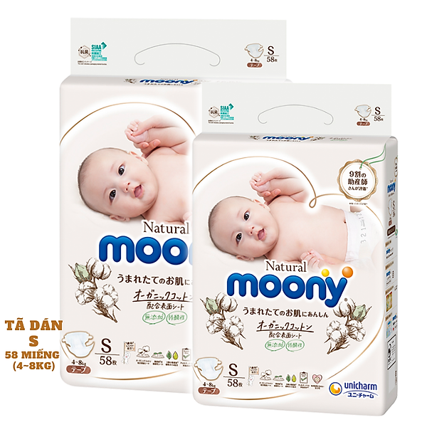 Combo 2 Bỉm – Tã Dán Moony Natural Size S- 58 Miếng (Cho Bé 4-8Kg)