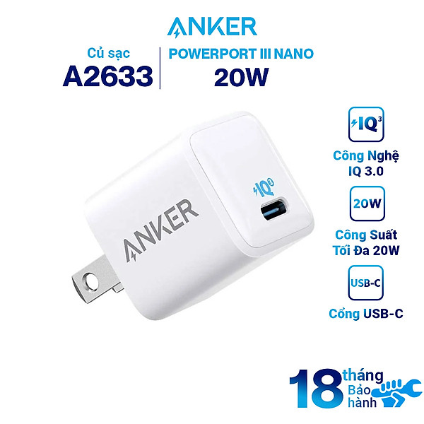 Adapter Sạc ANKER PowerPort III Nano 20W 1 cổng USB-C (Type-C) Công Nghệ PowerIQ 3.0 Tích Hợp Power Delivery - ANKER A2633