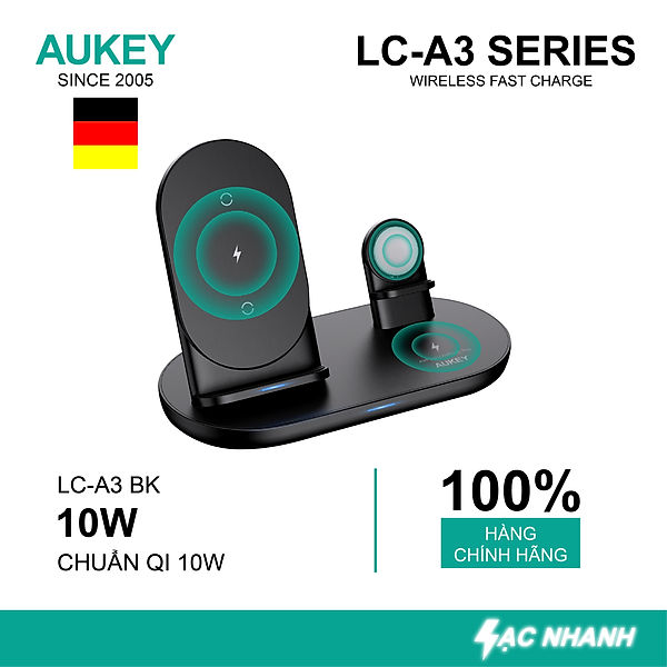 Đế Sạc Không Dây 3 Trong 1 AUKEY LC-A3 Chuẩn Qi 10W, Hỗ Trợ Sạc 3 Thiết Bị Cùng Lúc, Tích Hợp Giá Đỡ Cho Apple Watch – Hàng Chính Hãng