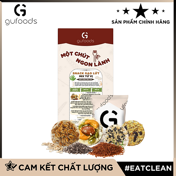 Snack gạo lứt healthy mix tứ vị GUfoods - Hội tụ 4 vị snack ngon, Nạp nhanh năng lượng, Tiện lợi, Eat clean, Thuần chay