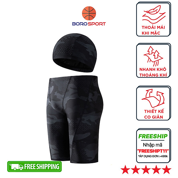Quần bơi lửng boxer dài cho nam Cleacco màu đen Camo , chất vải Poly co giãn 4 chiều , thoáng khí , thoát nước nhanh BORO SPORT - Tặng nón bơi vải