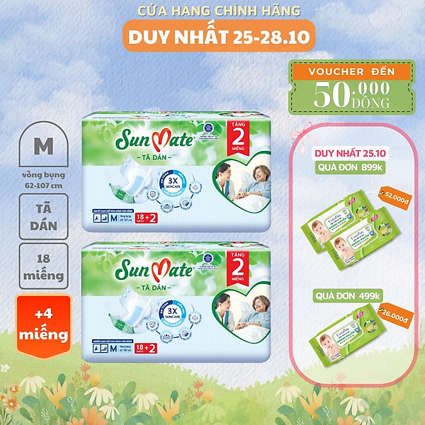 Combo 2 gói - Tã dán người lớn SunMate mới size M18/L18/XL18 + 2 miếng