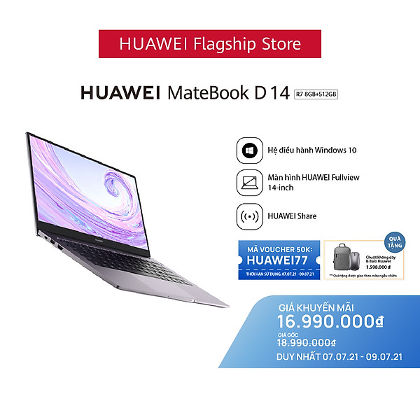 Máy Tính Xách Tay Laptop HUAWEI MateBook D14 AMD (R7 | 8GB/512GB) | Màn Hình HUAWEI Fullview 14-Inch | Card Đồ Họa RX Vega 10 Radeon | Phím Nguồn Kết Hợp Bảo Mật Vân Tay | Hàng Phân Phối Chính Hãng