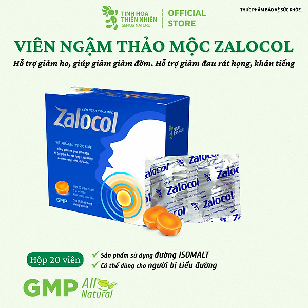 Viên ngậm ho thảo mộc Zalocol Hỗ trợ giảm đờm, đau rát họng, khản tiếng (Hộp 20 viên) - Genat - Giao 2H HCM