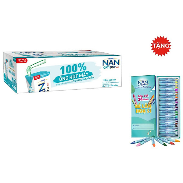 Thùng 36 Hộp Sữa Dinh Dưỡng Pha Sẵn NESTLE NAN OPTIPRO Kid 115ml/Hộp - Tặng 01 Bộ Bút Màu 24 Màu (Mẫu ngẫu nhiên)