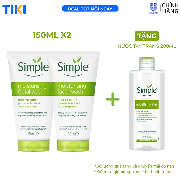 Combo 2 sữa rửa mặt Simple giúp cấp ẩm, da trông khỏe và mịn màng - cho da khô nhạy cảm 150ml [CHÍNH HÃNG ĐỘC QUYỀN] [MỚI]