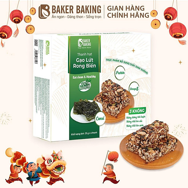 Thanh hạt gạo lứt rong biển Baker Baking không đường, thanh bar energy tiện lợi cho người eatclean, tập gym, tăng cơ 25g