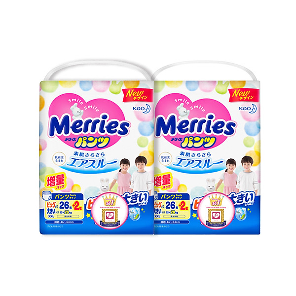 Combo 2 Tã/Bỉm Quần Merries Size Xxl – 26 + 2 Miếng (Cho Bé 15 – 28Kg)