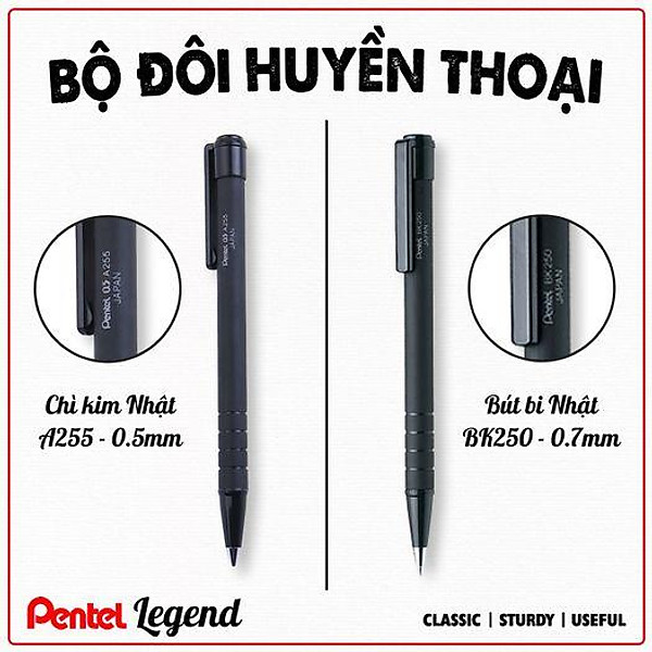 Bút Bi Bấm Nhật Bản Pentel BK250 Ngòi 0.5mm Mực Đen | Đầu Bấm Thiết Kế Chắc Chắn | Mực Êm Trơn | Vỏ Đen Sang Trọng