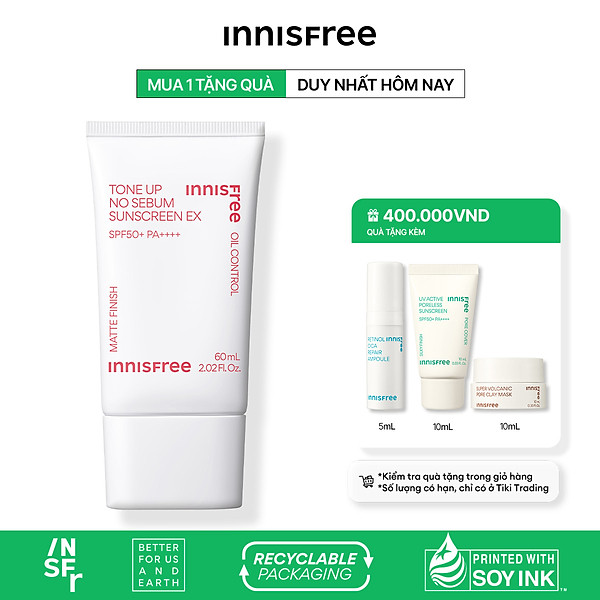 Kem chống nắng nâng tông kiềm dầu innisfree Tone Up No Sebum Sunscreen EX SPF 50+ PA++++ 60 mL (New 2023)