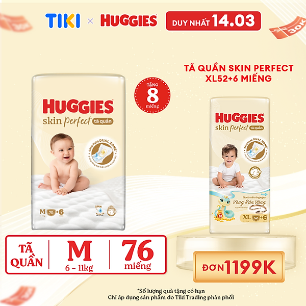 Tã quần Huggies Skin Perfect M Super Jumbo 70+6 miếng với 2 vùng thấm giảm kích ứng da