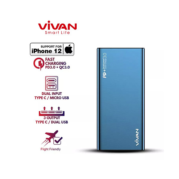 Pin sac du phong VIVAN 10000mAh VPB-F10S 2 Input 3 Output18W Hợp Kim Nhôm Cao Cấp Chính Hãng