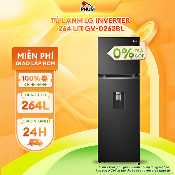 Tủ lạnh ngăn đá trên, lấy nước ngoài LG Smart Inverter GV-D262BL 264L (Đen) - HÀNG CHÍNH HÃNG (CHỈ GIAO HCM)