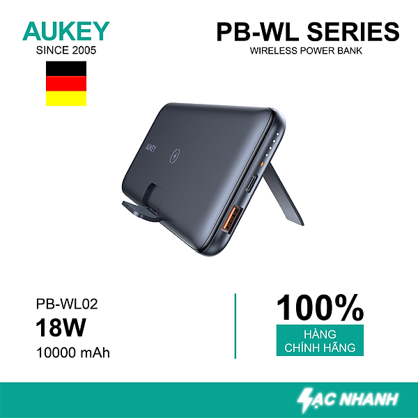 Sạc Dự Phòng Aukey PB-WL02 10.000 mAh, Sạc Nhanh PD 18W, QC 3.0, Sạc Không Dây Qi 10W, Tích Hợp Giá Đỡ