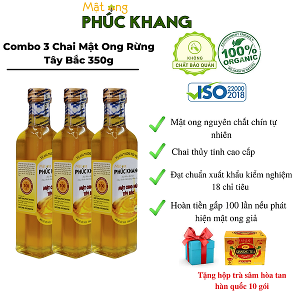 3 chai Mật ong nguyên chất hoa rừng tây bắc Phúc Khang (350g) - Hàng Chính Hãng - Mật ong sạch , mật ong cao cấp đạt tiêu chuẩn xuất khẩu - Bồi bổ cơ thể , tăng sức đề kháng
