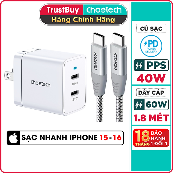 Bộ Củ Sạc Nhanh Type C 40W, Sạc 2 Cổng 20W Cho iPhone 15, iP16, Cho SamSung PPS 25W CHOETECH Q5006 Và Cáp CC0005-S - Hàng Chính Hãng