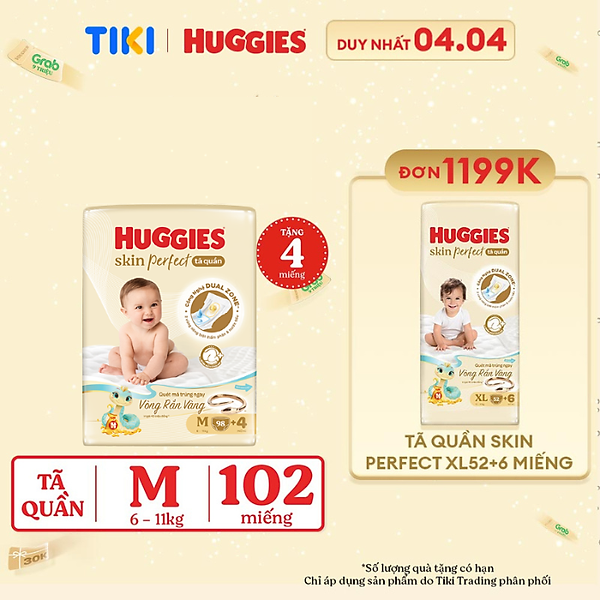 Tã quần Huggies Skin Perfect Mega Jumbo M98+4 miếng với 2 vùng thấm giảm kích ứng da